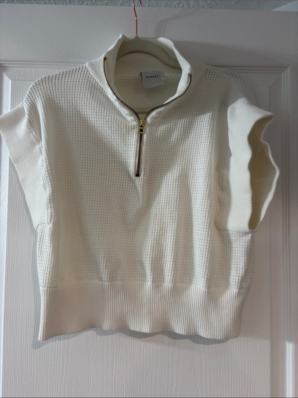 Varley Cream Half-Zip Short Sleeve Knit Top